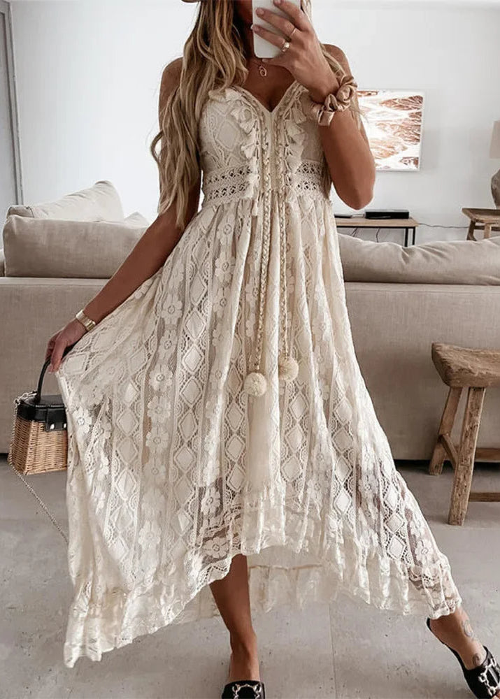 Élodie | Robe bohème en dentelle avec pompons