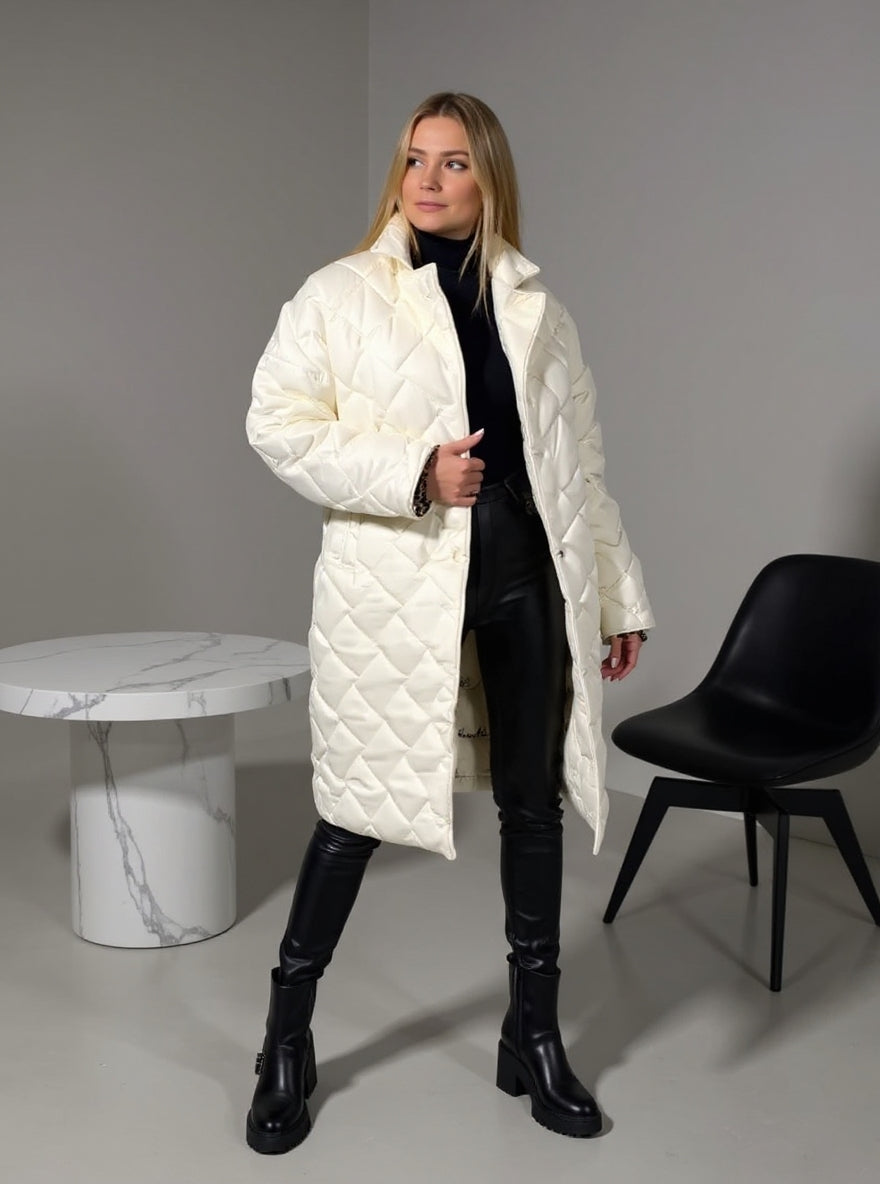 Eveliné | Manteau Hiver Femme Long Matelassé Élégant avec Doublure Imprimée