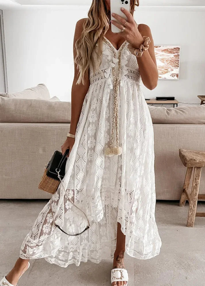 Élodie | Robe bohème en dentelle avec pompons