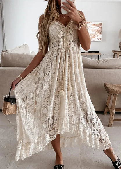 Élodie | Robe bohème en dentelle avec pompons