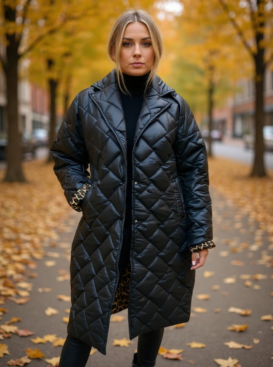 Eveliné | Manteau Hiver Femme Long Matelassé Élégant avec Doublure Imprimée
