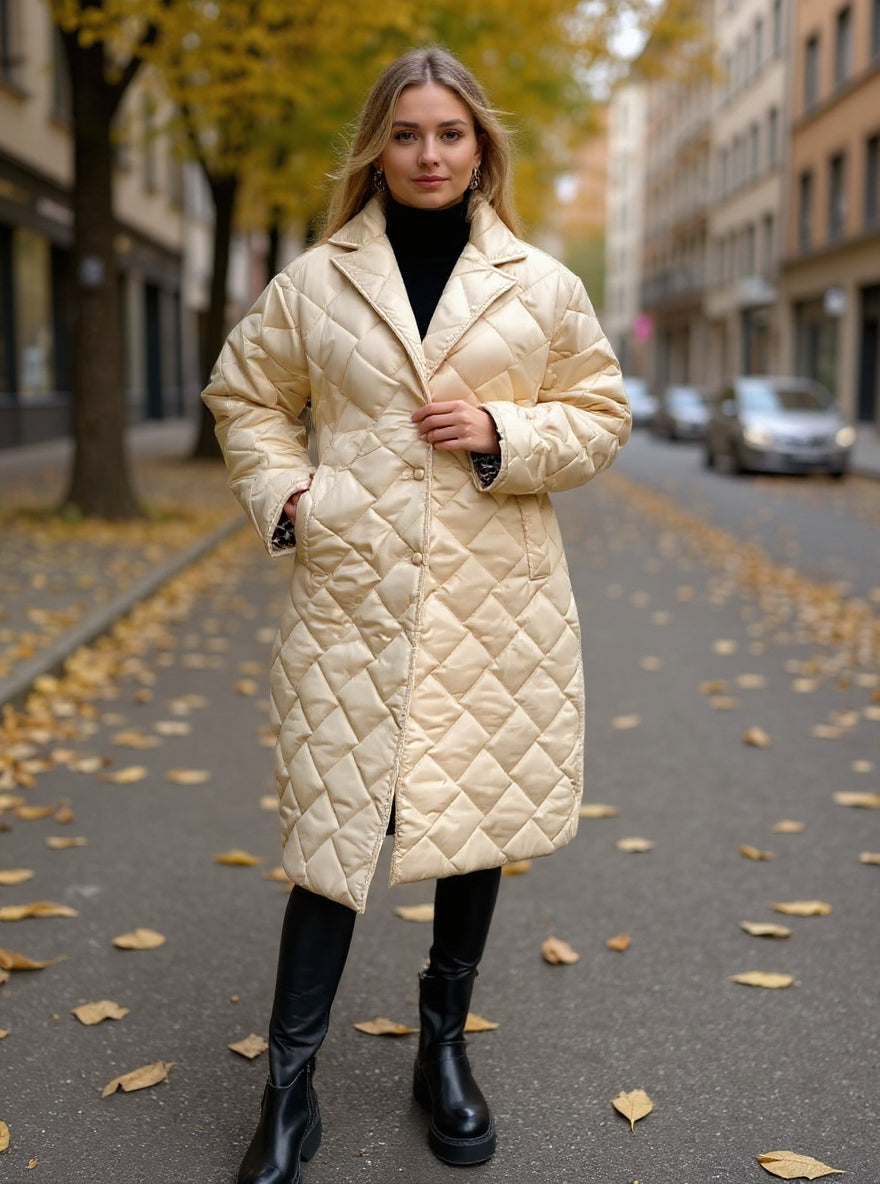 Eveliné | Manteau Hiver Femme Long Matelassé Élégant avec Doublure Imprimée