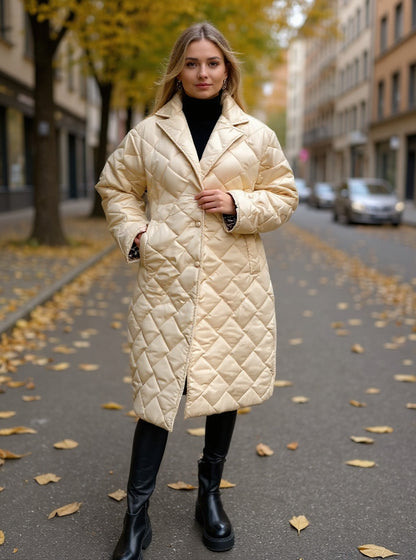 Eveliné | Manteau Hiver Femme Long Matelassé Élégant avec Doublure Imprimée