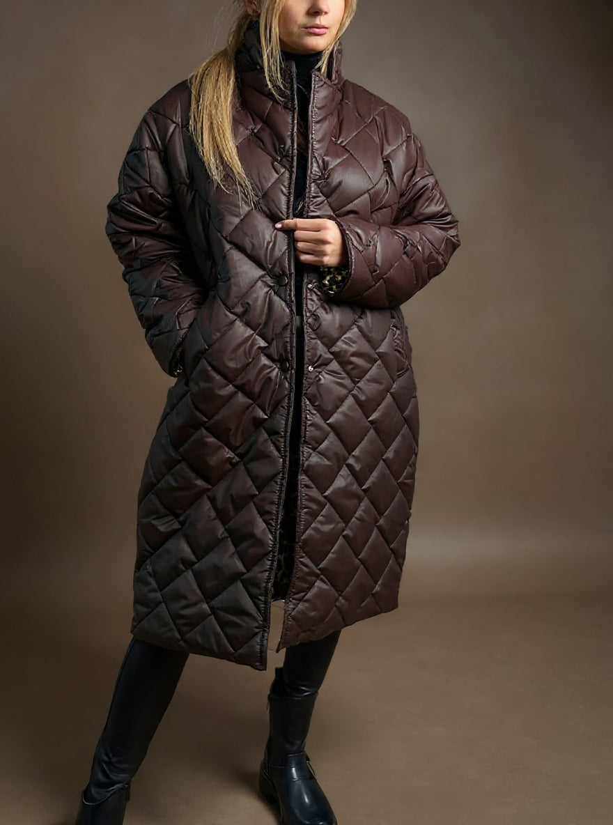 Eveliné | Manteau Hiver Femme Long Matelassé Élégant avec Doublure Imprimée
