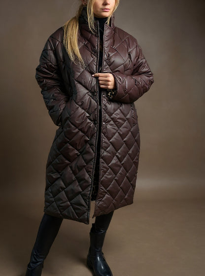 Eveliné | Manteau Hiver Femme Long Matelassé Élégant avec Doublure Imprimée