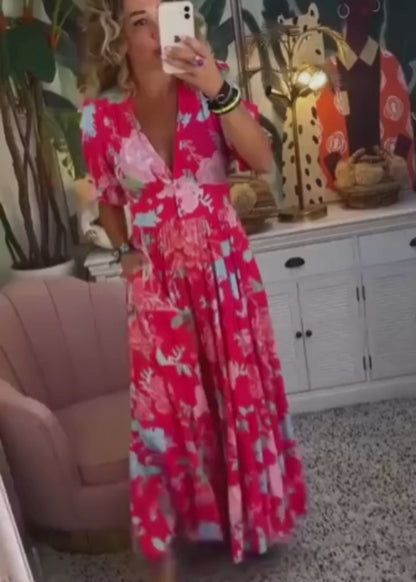 Carine | Robe à poche col V imprimé fleuri